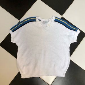 Vintage 70s 80s Fire Islander Polo Sweater Short Cap Sleeve White Blue Striped